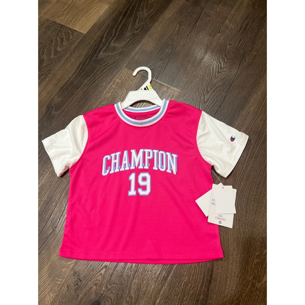 Champion Girls Pink Mesh Jersey T-Shirt Varsity Graphic Tee White Sleeves 4T NWT